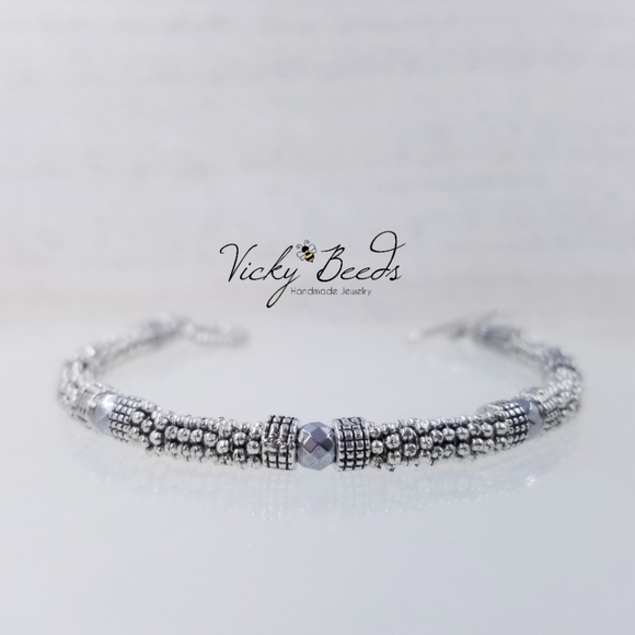 Ladies silver & Gun Metal Beaded Gemstone Bracelet - Picture 2 of 7